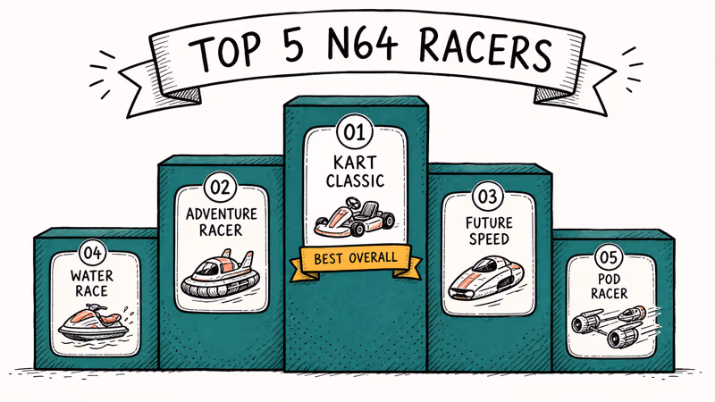 Hand-drawn ranking podium showing the top five Nintendo 64 racing games with iconic vehicle motifs