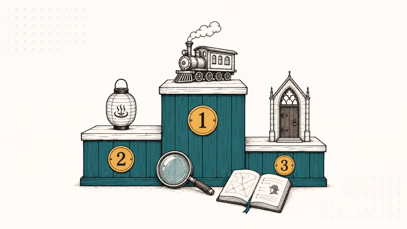 Hand drawn podium ranking three top Nancy Drew games with train ryokan and manor