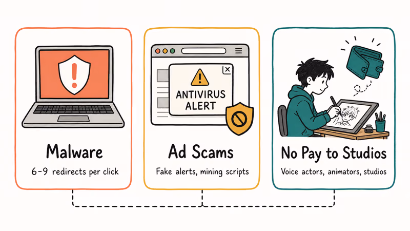 Hand-drawn risk cards showing malware, fake antivirus ads, and unpaid anime studios