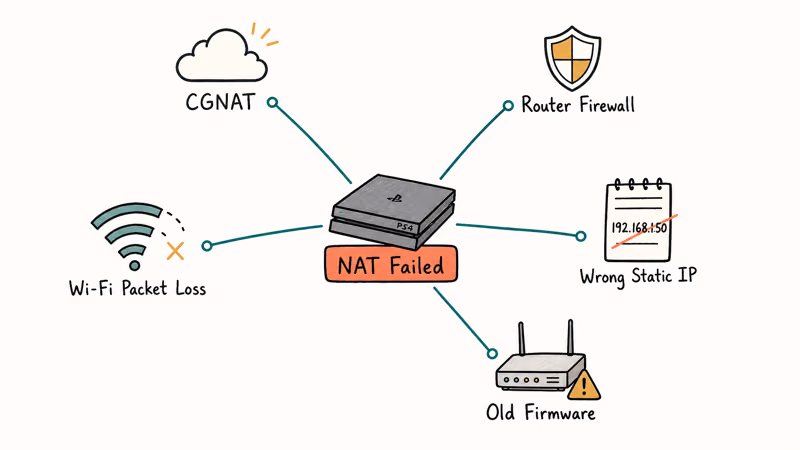 Hand-drawn radial infographic showing five common root causes of PS4 NAT type failure.
