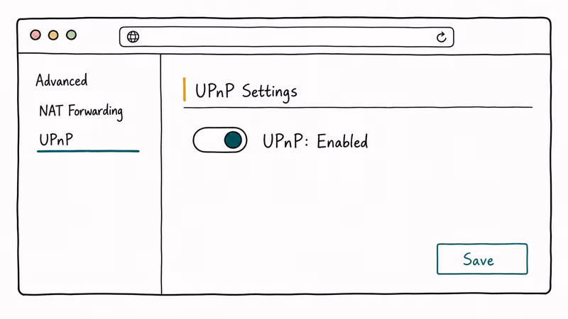 Hand-drawn router admin panel illustration showing the UPnP toggle switched to enabled.