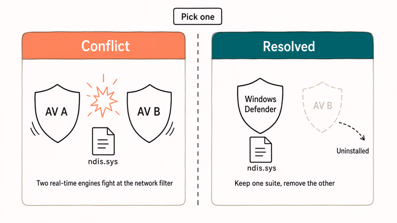Two antivirus shields clashing over ndis.sys versus one shield protecting it cleanly