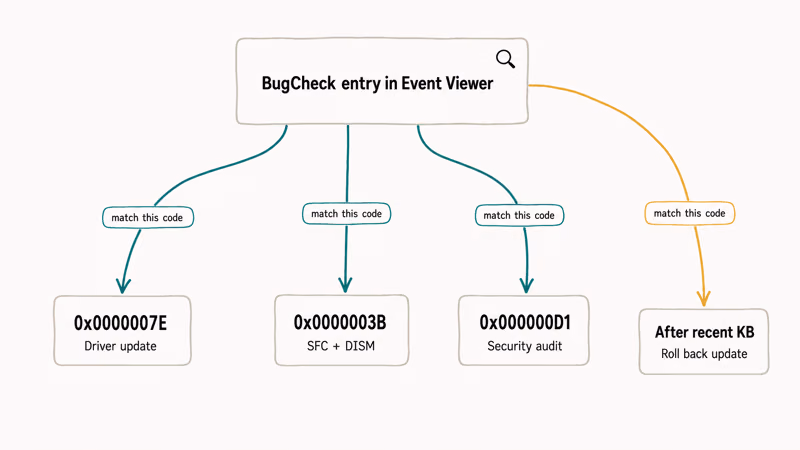 Decision tree mapping ndis.sys BSOD stop codes to driver, SFC, security, and rollback fixes