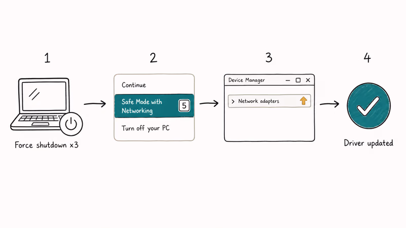 Four-step flow showing forced shutdown, Safe Mode with Networking, Device Manager, and driver update
