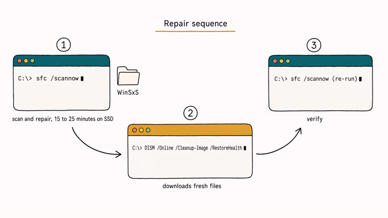 Three-stage flow showing sfc scannow, DISM RestoreHealth, then sfc scannow again to repair Windows files