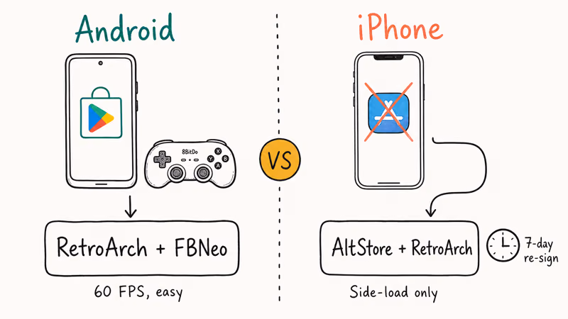Mobile Neo Geo emulator path comparison showing Android Play Store route versus iPhone sideload workflow.