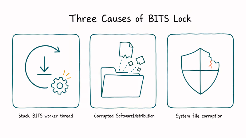 Hand-drawn diagram showing three common causes that lock the Windows BITS service during updates.