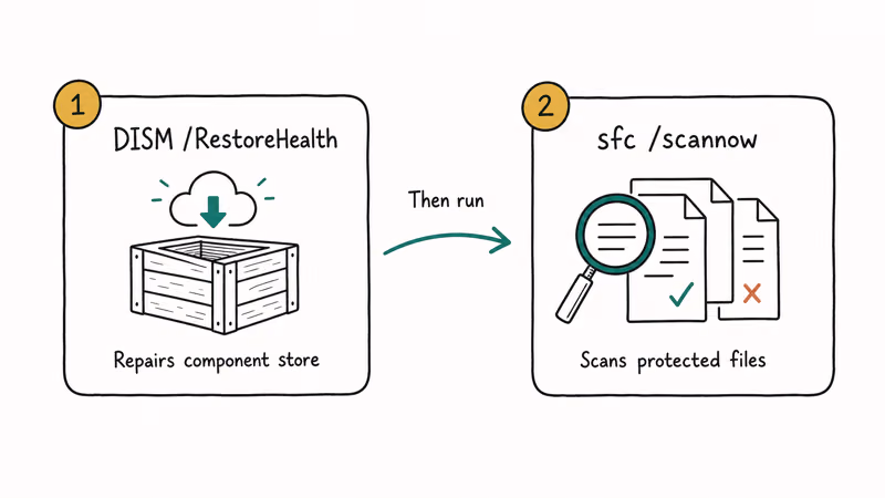 Diagram explaining DISM repairs the component store first then SFC scans and replaces system files.