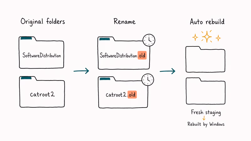 Hand-drawn flow showing SoftwareDistribution and catroot2 folders renamed then rebuilt by Windows Update.