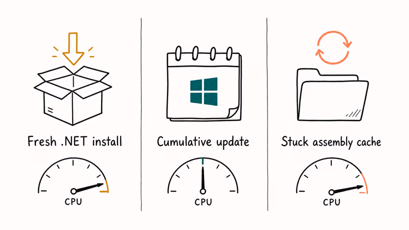 Three labeled panels comparing fresh install, cumulative update, and stuck cache as CPU spike triggers.