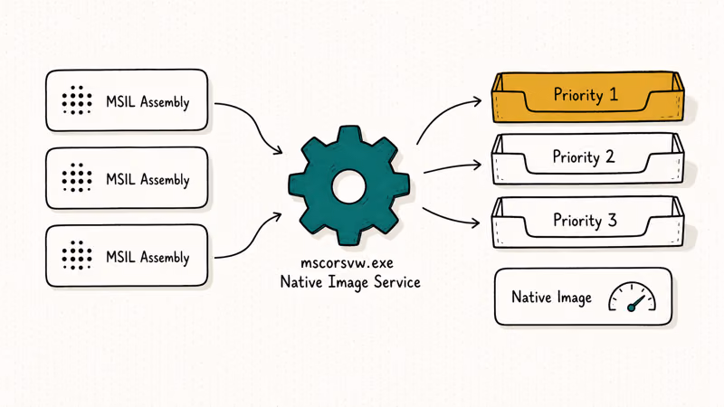 Diagram showing mscorsvw service compiling MSIL assemblies through three priority queues into native images.