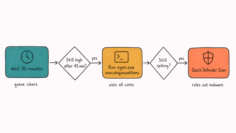 Hand-drawn flowchart of three quick fixes: wait, run ngen executequeueditems, then Defender quick scan.