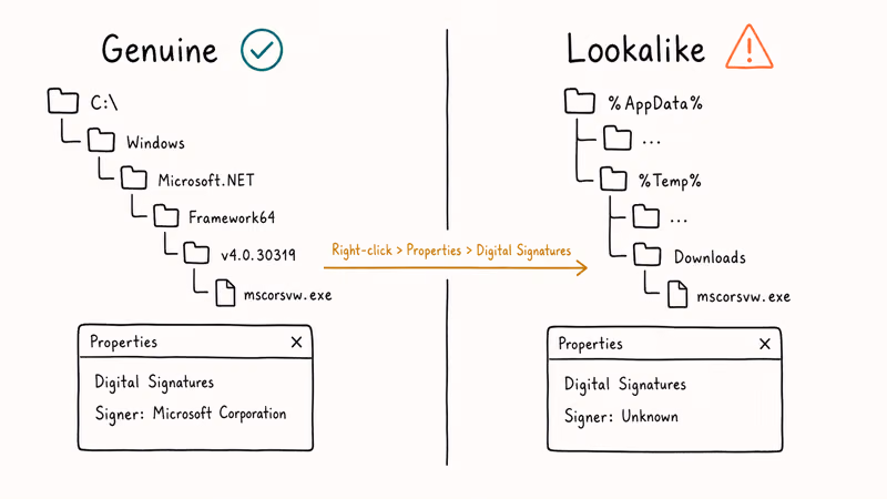 Comparison of genuine Microsoft.NET path and signature versus AppData lookalike with unknown signer