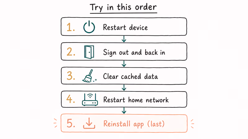 Ordered restart-first checklist for fixing a Netflix crash, black screen, or stuck loading spinner