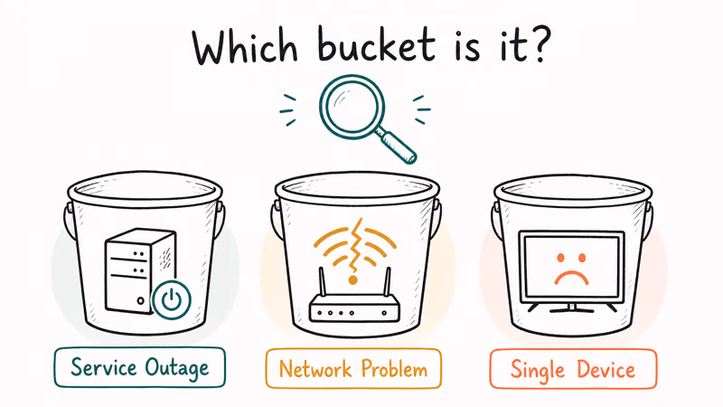 Three labeled buckets sorting Netflix failures into service outage, network problem, and single device