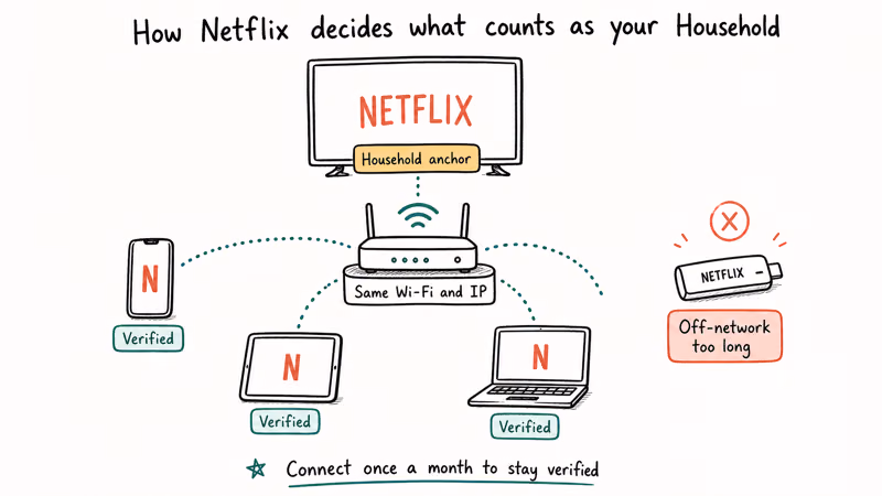 Diagram of how a Netflix Household anchors to the main TV's home network