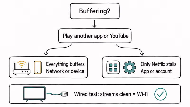 Decision chart showing how to tell if Netflix buffering is your network or the app
