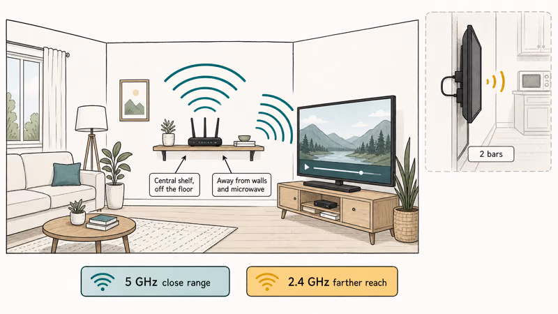 Router placed high on a central shelf away from walls metal shelves and microwaves