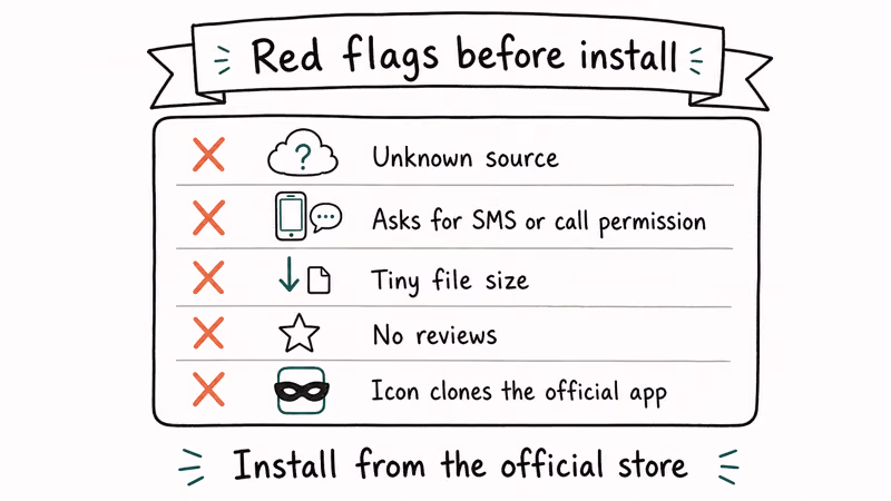 Checklist card showing red flags to recognize a malicious Netflix APK before installing it.