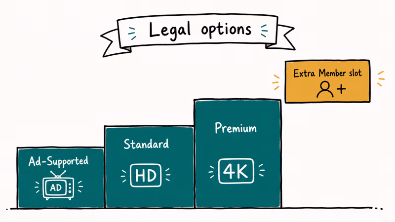 Stepped bars showing Netflix's legal plan ladder — Ad-Supported, Standard, Premium, Extra Member slot.