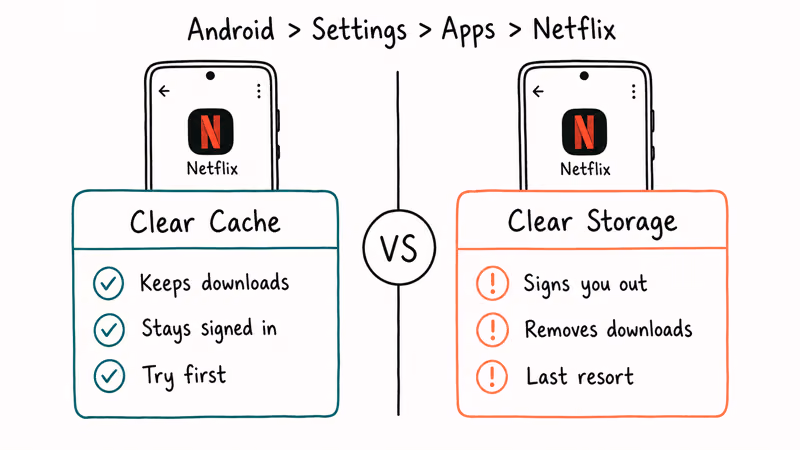Android Netflix Clear Cache versus Clear Storage comparison showing what each option keeps or removes.