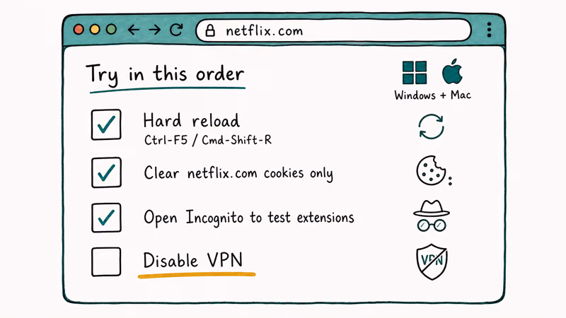 Browser checklist for Netflix fixes covering hard reload, cookies, extensions, and VPN on desktop.