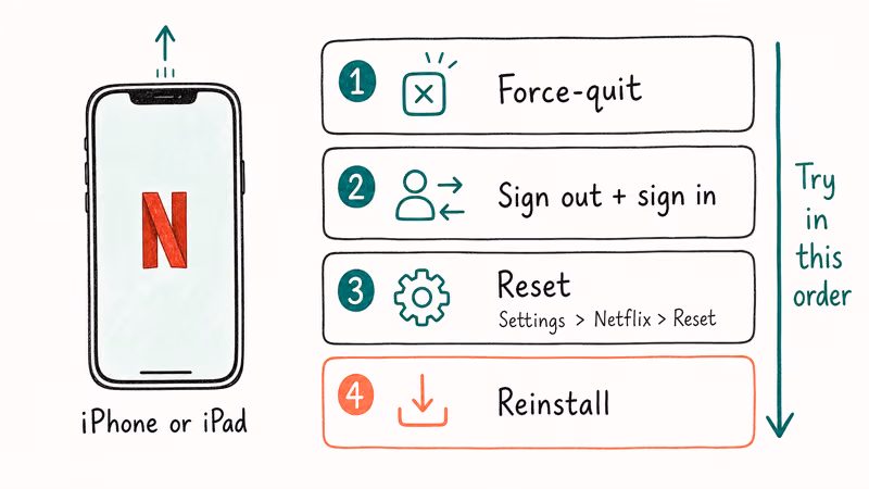 iPhone Netflix repair sequence showing force quit, sign-out, settings reset, and reinstall steps.
