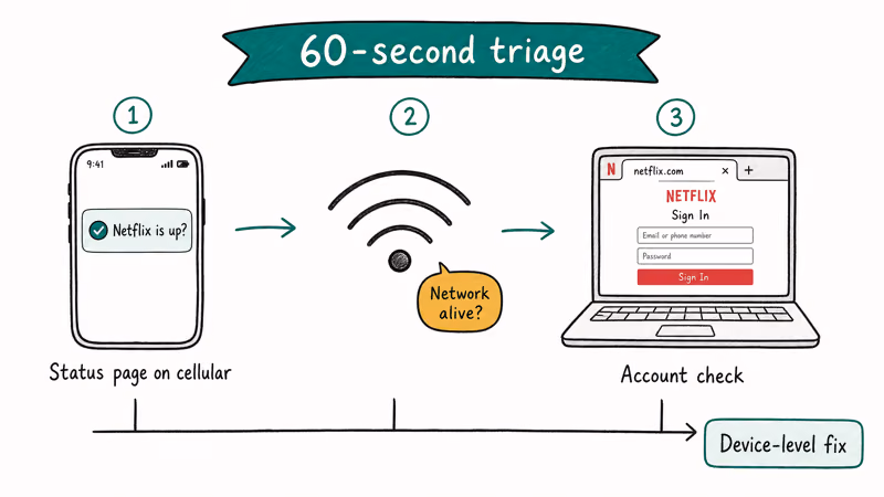Three-step Netflix outage triage flowchart covering status page, network test, and account sign-in.