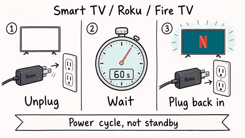 Three-panel power cycle showing unplug, wait sixty seconds, and plug back in
