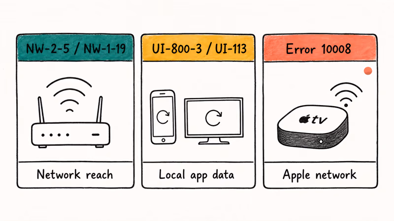 Infographic legend mapping Netflix error code prefixes NW UI and 10008 to their root causes