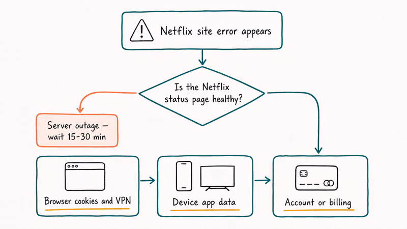 Decision flow showing whether Netflix site error is server, network, or device problem