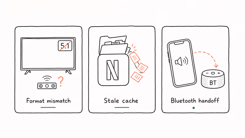 Three hand-drawn cards showing Netflix audio failure causes format mismatch stale cache and Bluetooth handoff