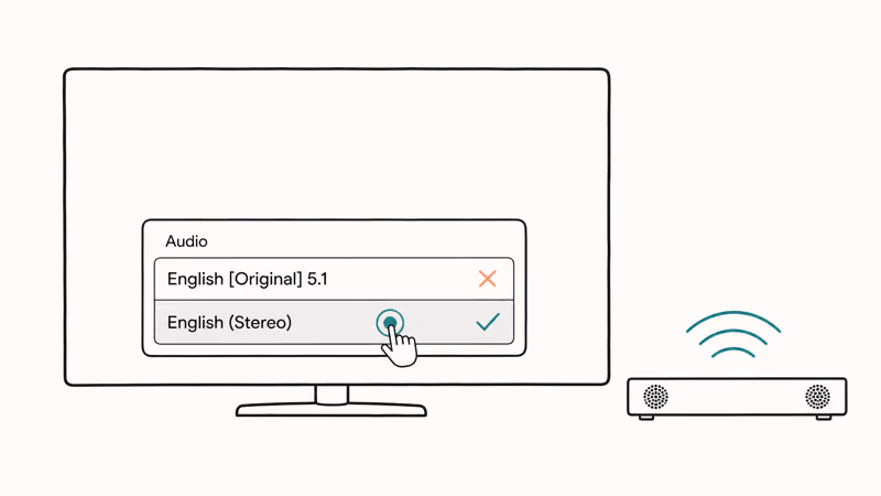 TV screen showing Netflix audio menu switching from 5.1 surround to stereo with checkmark