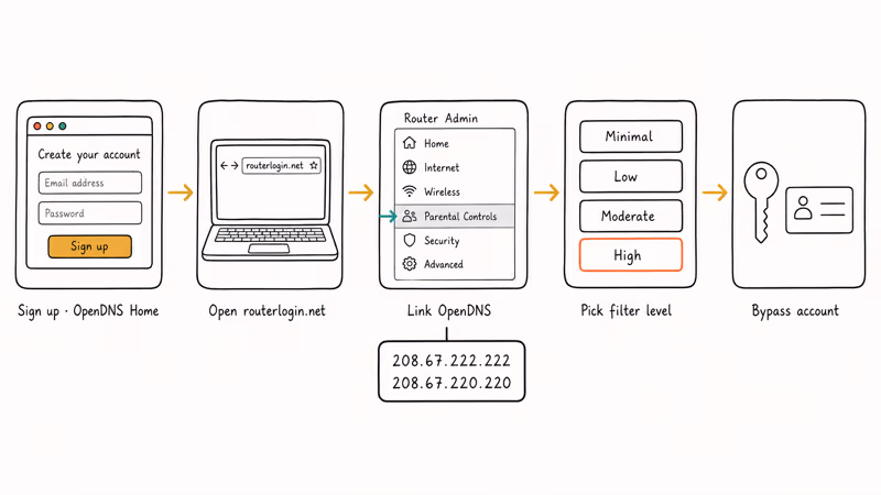 Five-step OpenDNS Live Parental Controls setup with router login, DNS values, and bypass account creation.