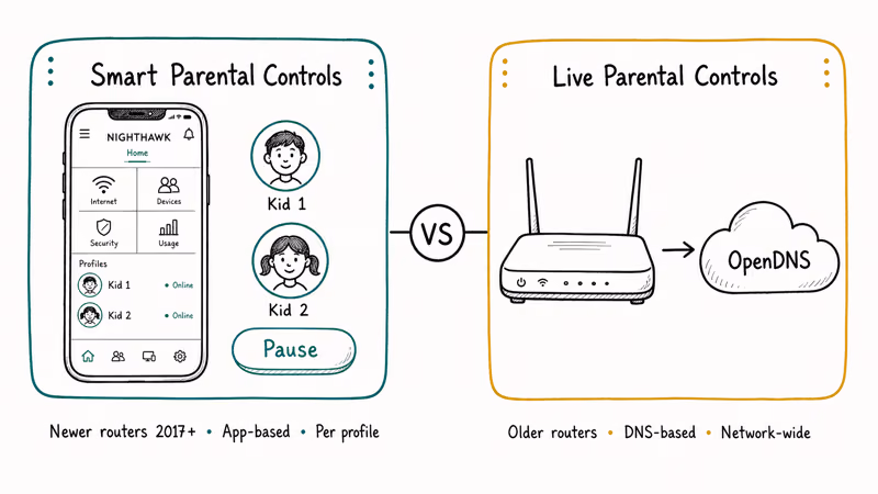 Side-by-side comparison of Netgear Smart Parental Controls app and Live Parental Controls OpenDNS setup options.