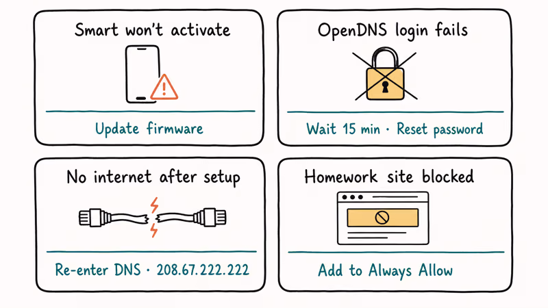 Four troubleshooting cards covering activation, OpenDNS login, missing internet, and blocked homework site fixes.
