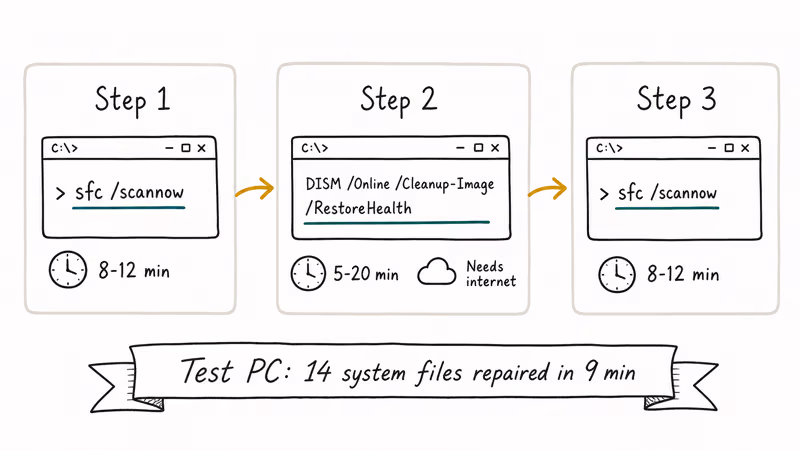 Three step Command Prompt flow showing sfc scannow then DISM RestoreHealth then sfc again