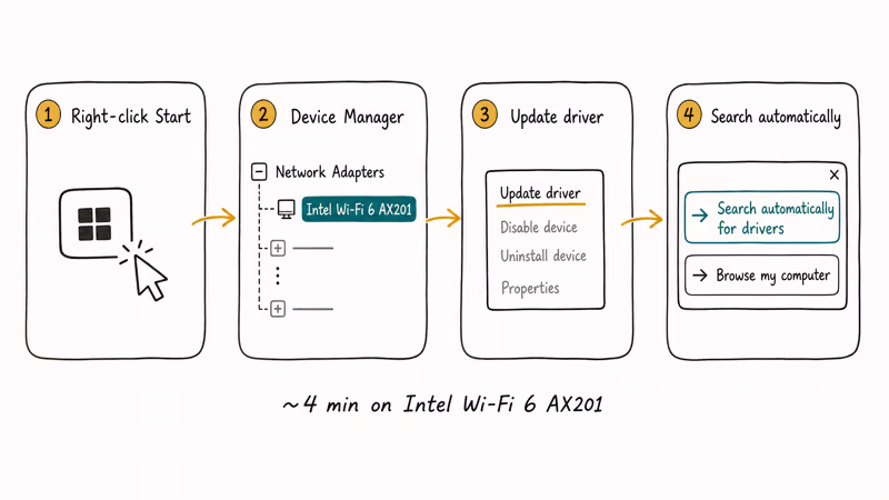 Four step flowchart for updating an Intel Wi-Fi driver inside Windows Device Manager