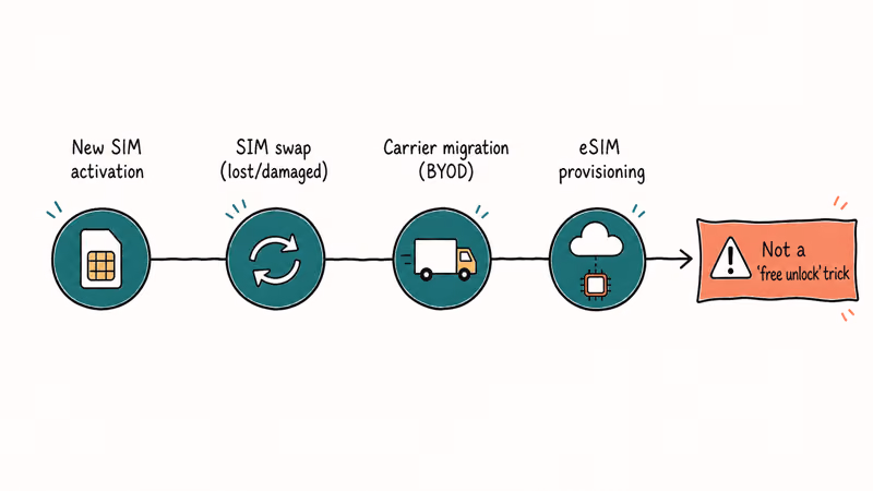 Horizontal timeline with four legitimate carrier triggers for ICCID change ending with warning against unlock myths