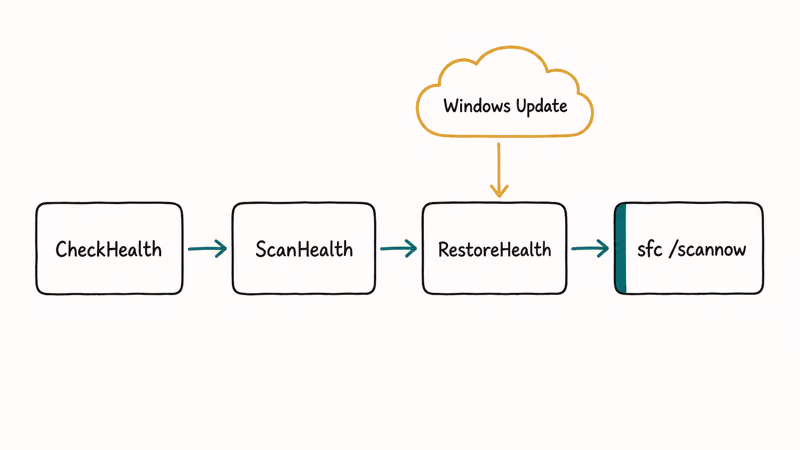 Sequence chart of DISM CheckHealth ScanHealth RestoreHealth pulling files from Windows Update then re-running sfc.