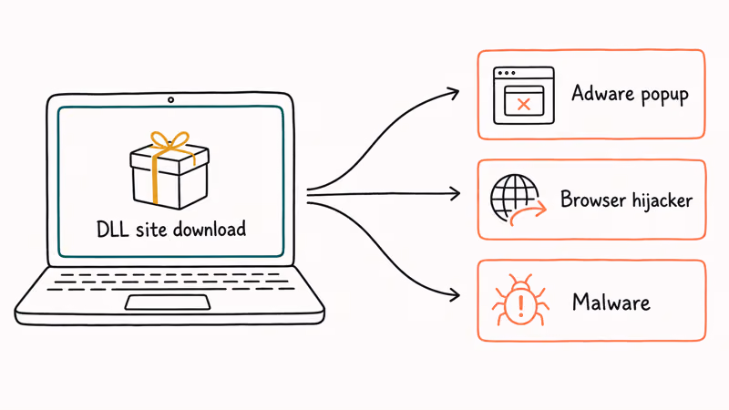 Third-party DLL download site spreading adware, browser hijacker, and malware to laptop