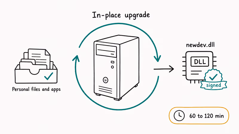 Diagram of in-place Windows upgrade refreshing system DLLs while keeping personal files and installed apps.