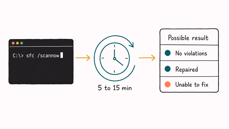 Flow diagram of running sfc scannow command with timer and three possible scan result outcomes.