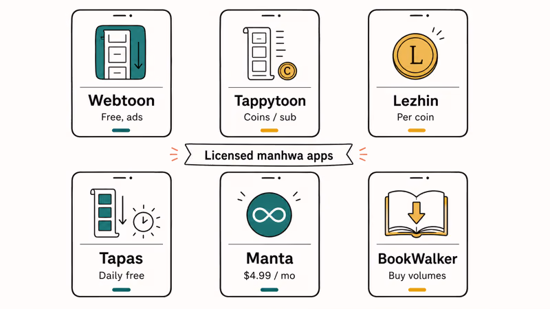 Hand-drawn lineup of six legal manhwa apps including Webtoon Tappytoon Lezhin Tapas Manta BookWalker.