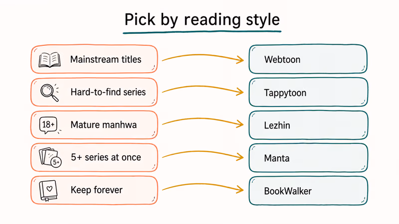 Flow diagram matching reader profiles to mainstream, mature, subscription, and ownership apps