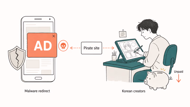 Scanlation site risk illustration with malware popups and unpaid Korean creators