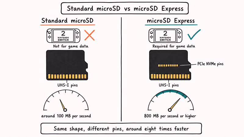 Two hand-drawn microSD cards comparing standard UHS-I and microSD Express interfaces with speed dials