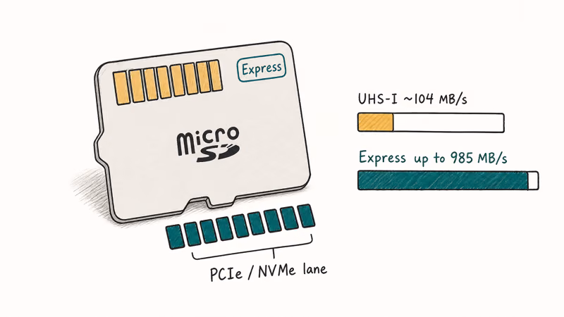 Hand-drawn microSD Express card with second pin row and speed bars showing UHS-I versus Express bandwidth