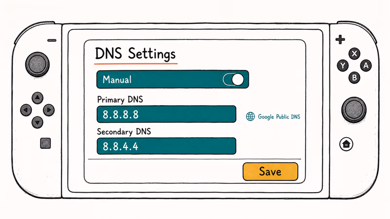 Switch 2 Internet Settings showing manual primary DNS 8.8.8.8 and secondary 8.8.4.4
