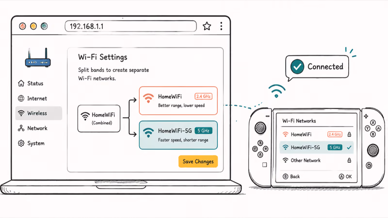 Router panel splitting one network into separate 2.4 GHz and 5 GHz named Wi-Fi networks
